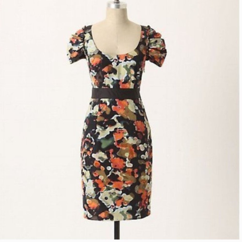 Anthropologie Black Floral Mini Dress with Orange, White, Green Accents